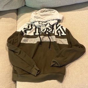 Black, gray, green and white hoodie with strings